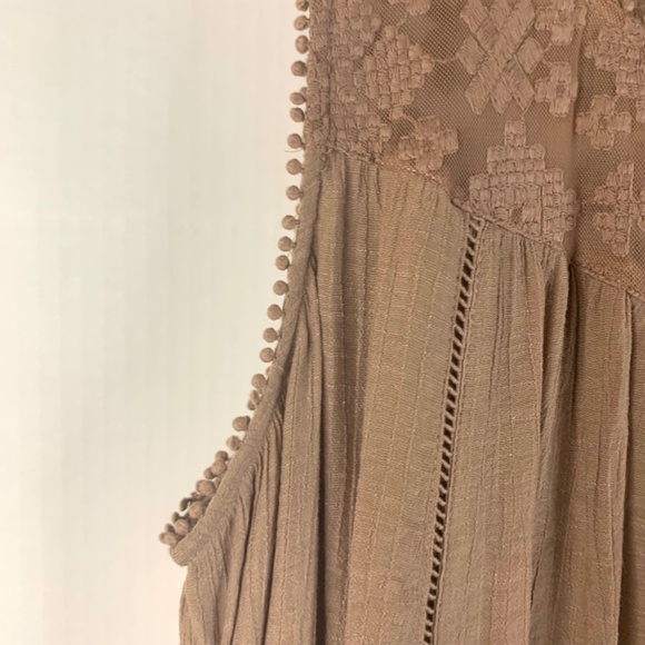 Mocha mousse gauze Sleeveless Embroidered lace yoke handkerchief hem boho dress - Picture 6 of 14